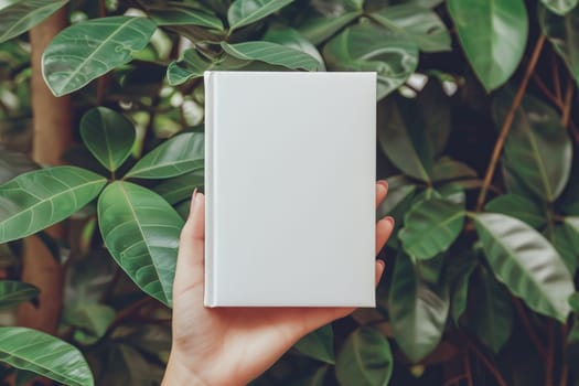 Hand holding white blank book mockup, isolated