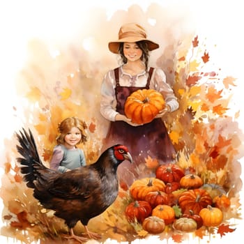 Watercolor painted illustration; mother and daughter holding pumpkins and a turkey. Turkey as the main dish of thanksgiving for the harvest. An atmosphere of joy and celebration.