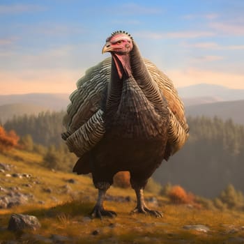 A large turkey standing on the mountainside around and in the background the Forest mountain ranges. Turkey as the main dish of thanksgiving for the harvest. An atmosphere of joy and celebration.