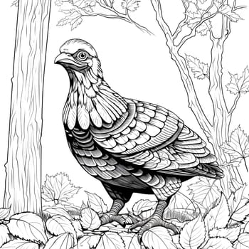 Small turkey standing on the leaves around the tree black and white coloring book. Turkey as the main dish of thanksgiving for the harvest. An atmosphere of joy and celebration.