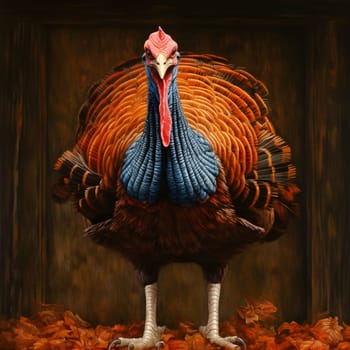 A large turkey on a brown dark background standing on leaves. Turkey as the main dish of thanksgiving for the harvest. An atmosphere of joy and celebration.