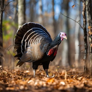 Big turkey in the woods. Turkey as the main dish of thanksgiving for the harvest. An atmosphere of joy and celebration.