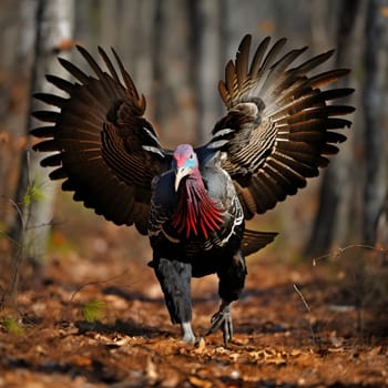A large turkey in the woods with wings spread, preparing to fly. Turkey as the main dish of thanksgiving for the harvest. An atmosphere of joy and celebration.