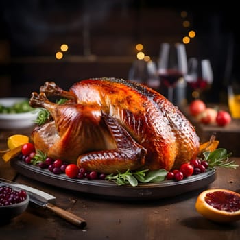 Roast turkey decorated with apples grapes around wine glasses. Turkey as the main dish of thanksgiving for the harvest. An atmosphere of joy and celebration.