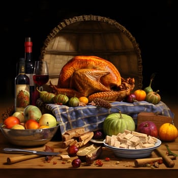 A big roast turkey around a pumpkin crossing a bottle of wine. Turkey as the main dish of thanksgiving for the harvest. An atmosphere of joy and celebration.