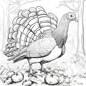 Black and white coloring book and turkey with garlic and leaves all around. Turkey as the main dish of thanksgiving for the harvest. An atmosphere of joy and celebration.