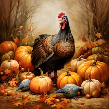 Turkey hen around pigeon pumpkins autumn leaves. Turkey as the main dish of thanksgiving for the harvest. An atmosphere of joy and celebration.