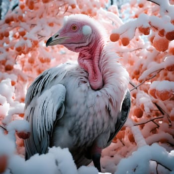 White turkey in a winter-snowy setting. Turkey as the main dish of thanksgiving for the harvest. An atmosphere of joy and celebration.