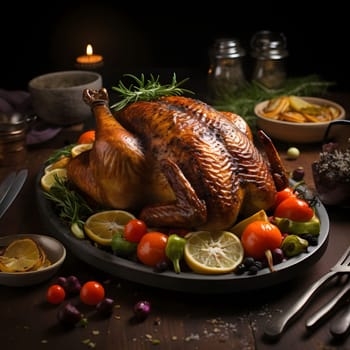 Roast turkey on a plate decorated with tomatoes, Limes, Rosemary. Turkey as the main dish of thanksgiving for the harvest. An atmosphere of joy and celebration.