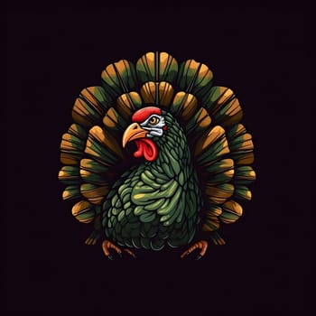 Logo bust of turkey in isolated on black background. Turkey as the main dish of thanksgiving for the harvest. An atmosphere of joy and celebration.