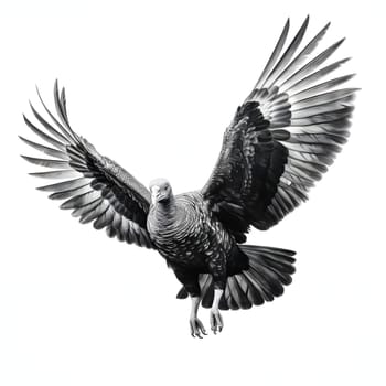 Black and white turkey in flight with wings spread. Turkey as the main dish of thanksgiving for the harvest, picture on a white isolated background. An atmosphere of joy and celebration.