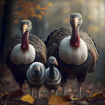 Two adult and two young turkeys. Turkey as the main dish of thanksgiving for the harvest. An atmosphere of joy and celebration.