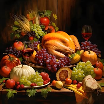 Table set with food grapes, dark greens, roast turkey wine pumpkins. Turkey as the main dish of thanksgiving for the harvest. An atmosphere of joy and celebration.