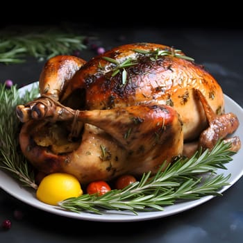 Roast turkey on a white plate garnished with rosemary lemon. Turkey as the main dish of thanksgiving for the harvest. An atmosphere of joy and celebration.