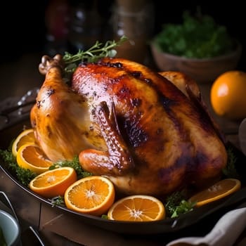 Roast turkey on a white plate garnished with rosemary lemon. Turkey as the main dish of thanksgiving for the harvest. An atmosphere of joy and celebration.