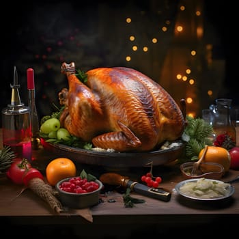 Roast turkey decorated with vegetables, fruits, bottles of wine. Turkey as the main dish of thanksgiving for the harvest. An atmosphere of joy and celebration.