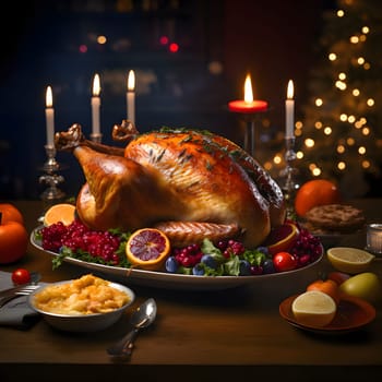 Roast turkey decorated with vegetables, fruits in the background candles and Christmas tree. Turkey as the main dish of thanksgiving for the harvest. An atmosphere of joy and celebration.