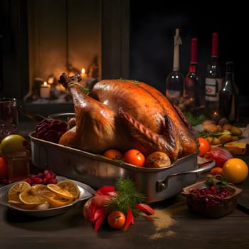 Roast turkey decorated with vegetables, fruits, bottles of wine. Turkey as the main dish of thanksgiving for the harvest. An atmosphere of joy and celebration.