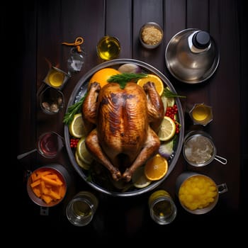 Overhead view of roasted turkey by decorated with lemon, oranges. Turkey as the main dish of thanksgiving for the harvest. An atmosphere of joy and celebration.