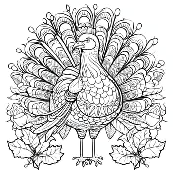 Black and White coloring book, turkey with big feathers around the leaves. Turkey as the main dish of thanksgiving for the harvest. An atmosphere of joy and celebration.