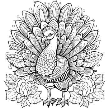 Black and White coloring book, turkey with big feathers around the leaves. Turkey as the main dish of thanksgiving for the harvest. An atmosphere of joy and celebration.