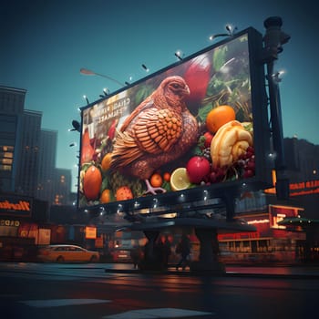 Big billboard with turkey ucz to vegetables, fruits on the background of the city, city life. Turkey as the main dish of thanksgiving for the harvest. An atmosphere of joy and celebration.