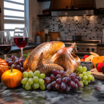 Kitchen tray with roasted turkey, pumpkins and oranges around wine in the background kitchen. Turkey as the main dish of thanksgiving for the harvest. An atmosphere of joy and celebration.
