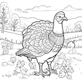 Black and white colored turkey, in the clearing around the leaves. Turkey as the main dish of thanksgiving for the harvest. An atmosphere of joy and celebration.