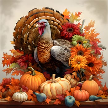 Colorful turkey, surrounded by flowers, sunflowers, pumpkins, garlic. Turkey as the main dish of thanksgiving for the harvest. An atmosphere of joy and celebration.