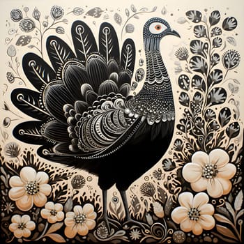 Drawing of Black patterned turkey by decorated with flowers. Turkey as the main dish of thanksgiving for the harvest. An atmosphere of joy and celebration.