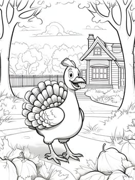 Black and white coloring book, a small cheerful in dyczek on the farm. Turkey as the main dish of thanksgiving for the harvest. An atmosphere of joy and celebration.