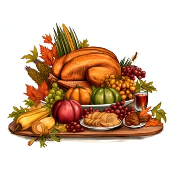 Large sticker set thanksgiving meal pumpkins rowan indy corn. Turkey as the main dish of thanksgiving for the harvest, picture on a white isolated background. An atmosphere of joy and celebration.