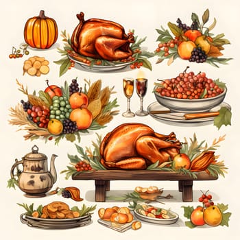 Thanksgiving sticker set pumpkins turkeys leaves autumn chickens. Turkey as the main dish of thanksgiving for the harvest, picture on a white isolated background. An atmosphere of joy and celebration.