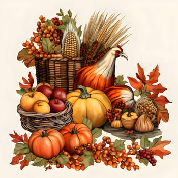 Large sticker set thanksgiving meal pumpkins rowan indy corn. Turkey as the main dish of thanksgiving for the harvest, picture on a white isolated background. An atmosphere of joy and celebration.