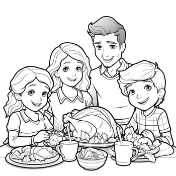 Black and White coloring book happy family at Thanksgiving feast with roast turkey. Turkey as the main dish of thanksgiving for the harvest. An atmosphere of joy and celebration.