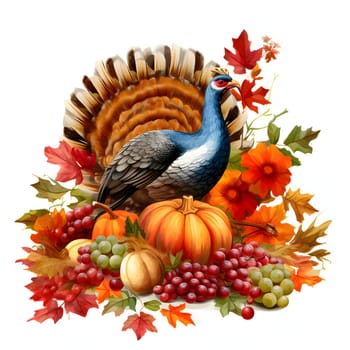 Sticker turkey surrounded by flowers, grapes, pumpkins. Turkey as the main dish of thanksgiving for the harvest, picture on a white isolated background. An atmosphere of joy and celebration.