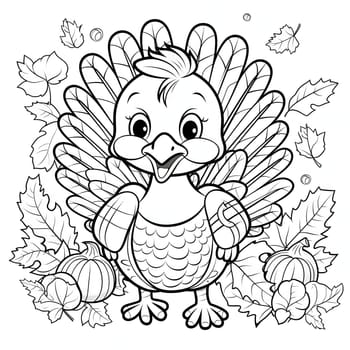 Black and White coloring book, tiny smiling turkey. Turkey as the main dish of thanksgiving for the harvest. An atmosphere of joy and celebration.