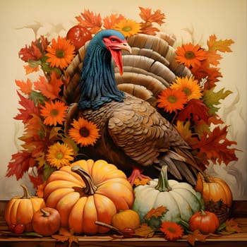 An adorable turkey surrounded by pumpkin flowers. Turkey as the main dish of thanksgiving for the harvest. An atmosphere of joy and celebration.