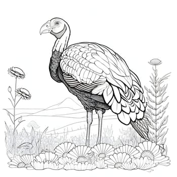 Black and White coloring book turkey in a field in the middle of grass flowers. Turkey as the main dish of thanksgiving for the harvest. An atmosphere of joy and celebration.