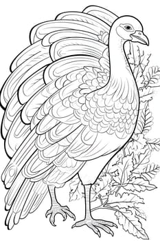 Black and White coloring book, young turkey around the leaves. Turkey as the main dish of thanksgiving for the harvest. An atmosphere of joy and celebration.