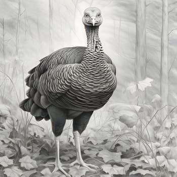 Black and White engraving drawing of a proud turkey in the forest in the middle of leaves and trees. Turkey as the main dish of thanksgiving for the harvest. An atmosphere of joy and celebration.