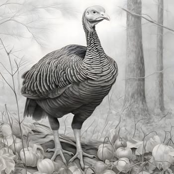 Black and White engraving drawing of a proud turkey in the forest in the middle of leaves and trees. Turkey as the main dish of thanksgiving for the harvest. An atmosphere of joy and celebration.