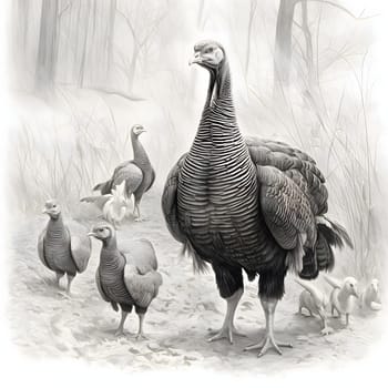 Black and White engraving drawing of a proud turkey in the forest in the middle of young, leaves and trees. Turkey as the main dish of thanksgiving for the harvest. An atmosphere of joy and celebration.