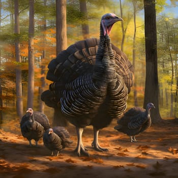 A large adult turkey with three baby turkeys in the woods, autumn. Turkey as the main dish of thanksgiving for the harvest. An atmosphere of joy and celebration.