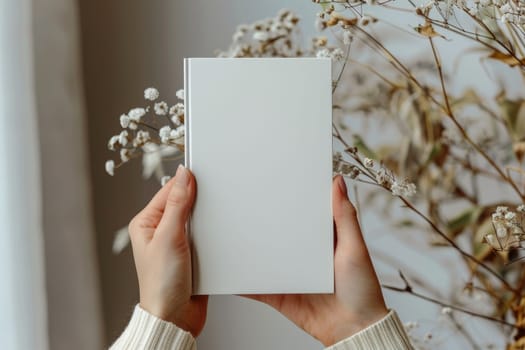 Hand holding white blank book mockup, isolated