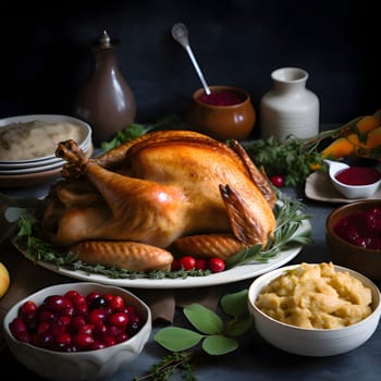 Food-laden table with roast turkey. Turkey as the main dish of thanksgiving for the harvest. An atmosphere of joy and celebration.