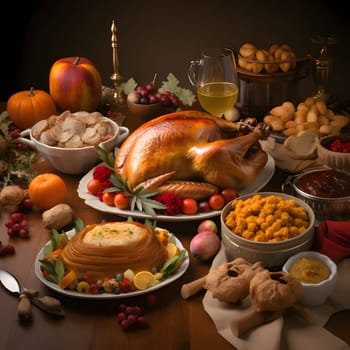 Thanksgiving table set with roast turkey, vegetables, fruits, apples, wine. Turkey as the main dish of thanksgiving for the harvest. An atmosphere of joy and celebration.