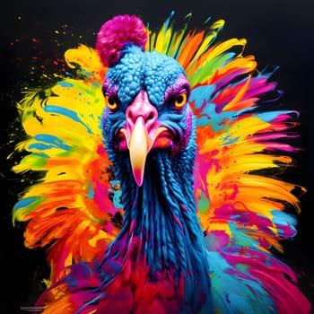 Colorful turkey on a black background. Painted in watercolor. Turkey as the main dish of thanksgiving for the harvest. An atmosphere of joy and celebration.