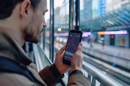 Young professional checks stock prices and financial news on their smartphone during their commute