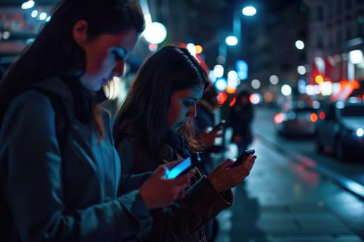 people on street,time of night, addicted to phone. Internet addition concept